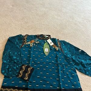 Farm rio Teal Patterned embroided Long Sleeve Top